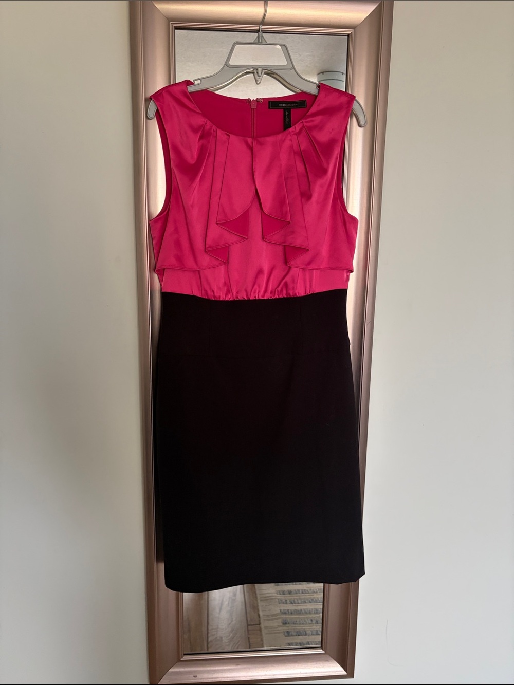 BCBGMaxAzria Hot Pink and Black Sleeveless Ruffle Midi Dress